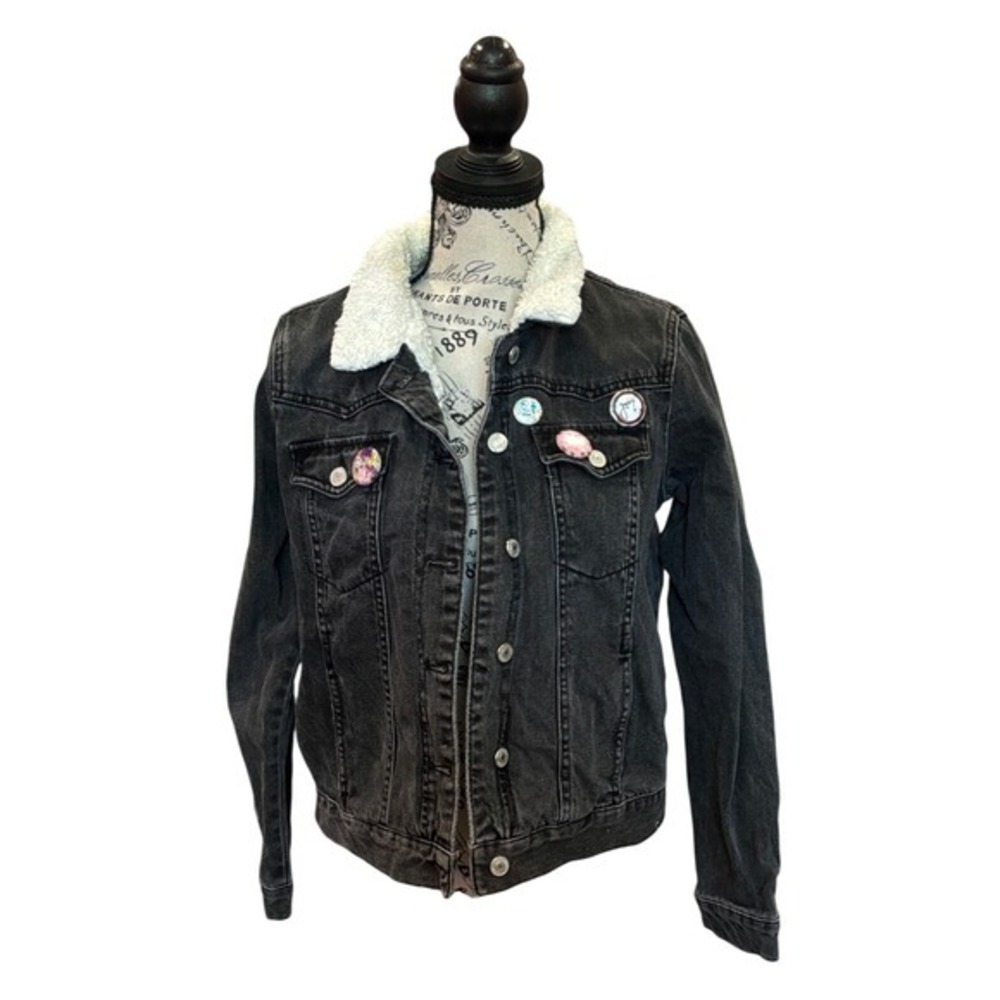 Topshop Moto Washed Black Denim Borg Jacket‎ Patches Pins Grateful Dead Trucker
